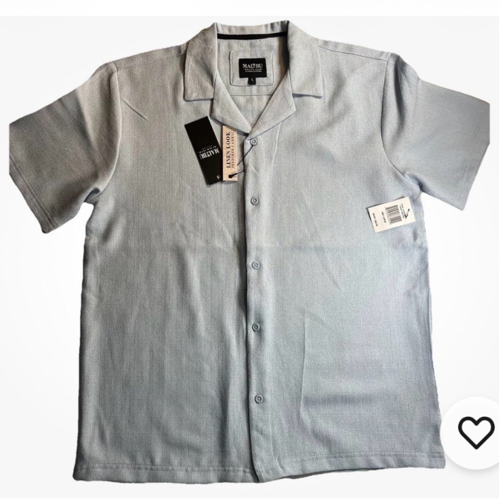 Malibu Beach Club Men’s Light Blue Linen Look Short Sleeve Button Down Shirt NWT